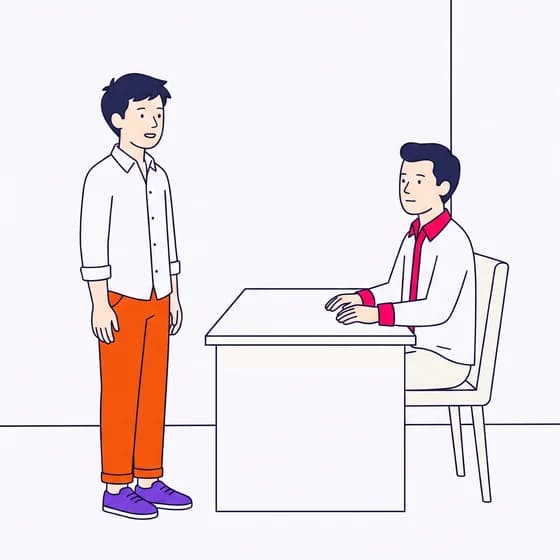 Marc debout dans un bureau, face à son manager assis derrière une table. Il parle, les épaules droites, les mains calmes.